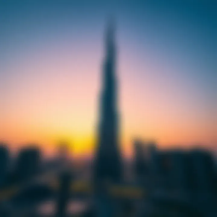 A stunning view of the Burj Khalifa against a sunset sky