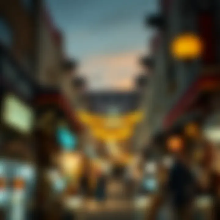 Evening ambiance of a vibrant souk illuminated with lights