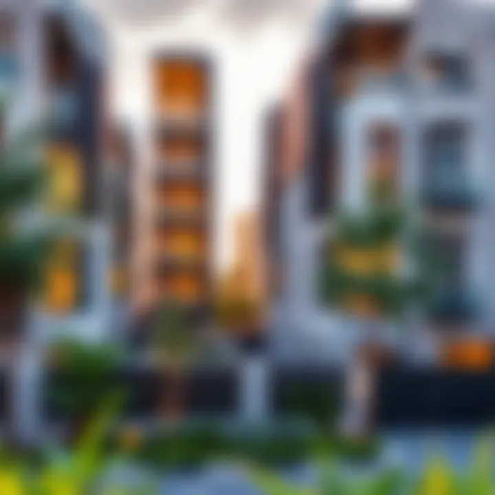 A vibrant neighborhood in Dubai with modern apartments and greenery