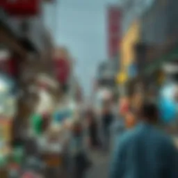 Vibrant marketplace showcasing various counterfeit goods